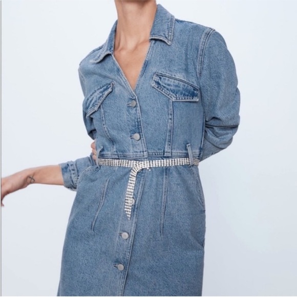 ZARA Denim Midi Shirt Dress Short lapel collar V-neck long sleeves Size XS NWT - Picture 4 of 16